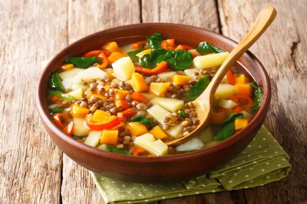 Sopa picante de lentejas sanas con verduras y espinacas de cerca i — Foto de Stock