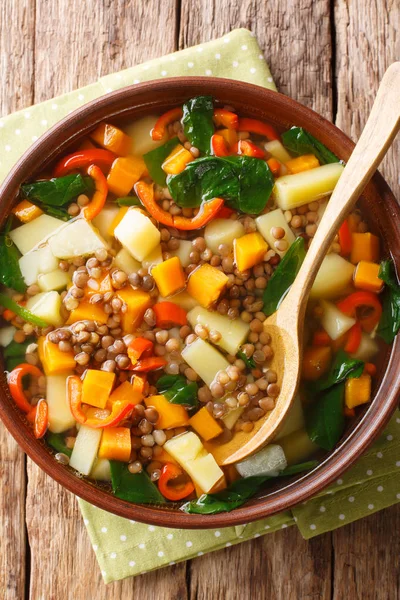 Sopa vegetariana vegetal con lentejas y espinacas de cerca en un —  Fotos de Stock