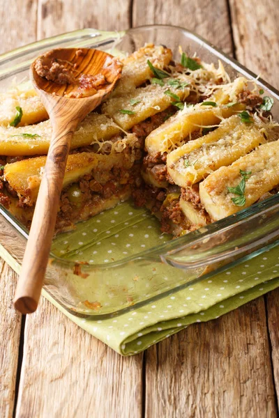 Pastelon (puerto rican sweet plantain lasagna) close-up of a bak — Stok Foto