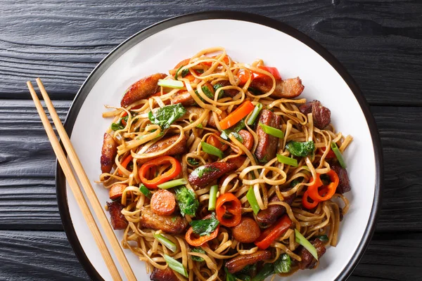 Hot goreng chow mein dengan daging babi, lada, kubis, bawang bombay dan carro — Stok Foto