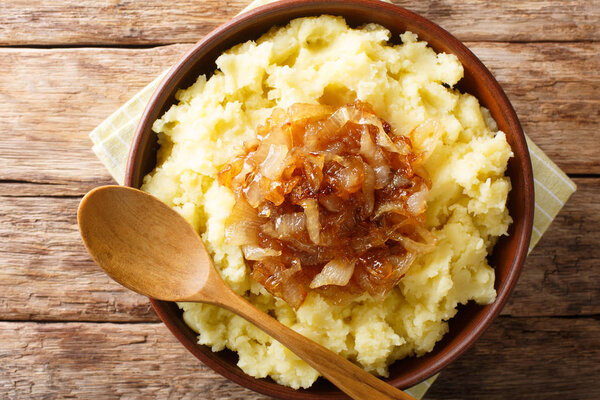 Vegetarian rustic food mashed potatoes with caramelized onions c