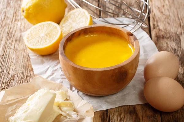 Класичний Рецепт Голландського Соусу Крупним Планом Столі Інгредієнтами Яєць Лимона — стокове фото