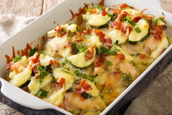 Tasty Chicken Baked Gratin Zucchini Bacon Cheese Close Baking Dish — Stock Photo, Image