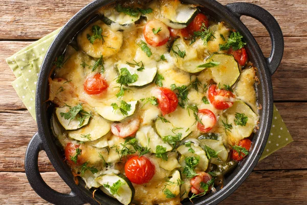 Tasty Zucchini Gratin Cheese Cherry Tomatoes Close Pan Table Horizontal — Stock Photo, Image