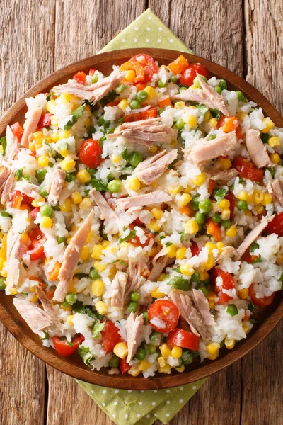 Tasty Salad Rice Tuna Seasonal Vegetables Close Plate Table Vertical — Stock Photo, Image
