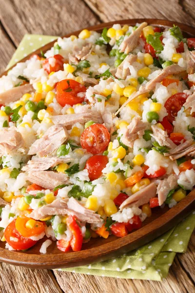 Tasty Salad Rice Tuna Seasonal Vegetables Close Plate Table Vertica — Stock Photo, Image