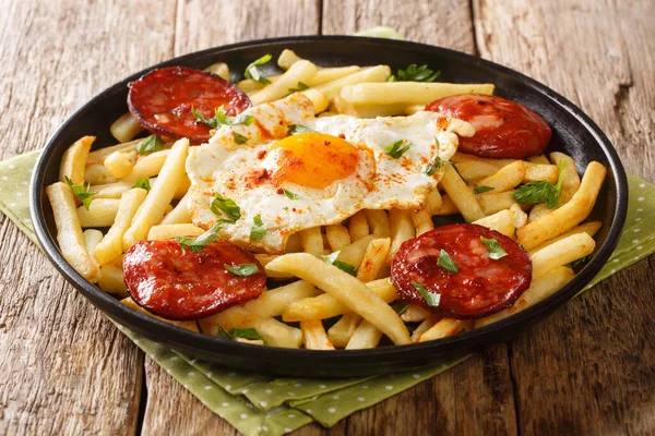 Delicious Food Fried Egg French Fries Chorizo Close Plate Table — Stock Photo, Image
