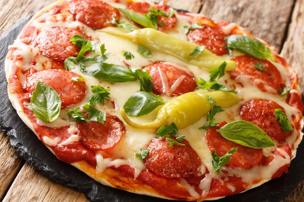 Spicy Chorizo Pizza Chili Mozzarella Tomatoes Herbs Close Board Table — Stock Photo, Image