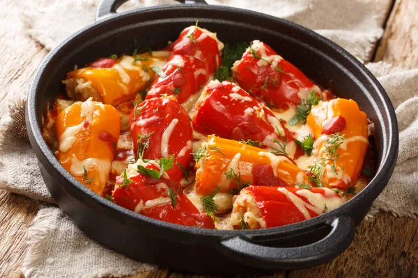 Pimentas Recheadas Cozidas Forno Quente Com Molho Tomate Close Uma — Fotografia de Stock