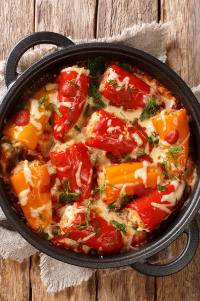 Baked Stuffed Peppers Rice Meat Cheese Tomatoes Close Frying Pan — Stock Photo, Image