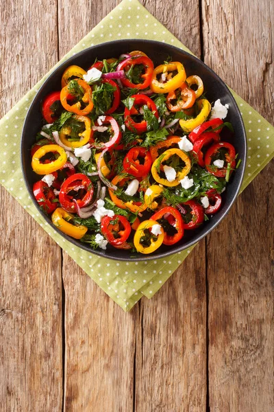 Summer Salad Fresh Bell Peppers Onions Herbs Feta Cheese Close — Stock Photo, Image