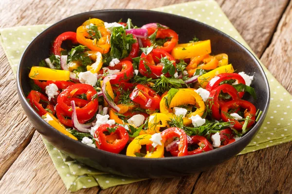 Bunter Paprika Salat Mit Zwiebeln Kräutern Und Feta Großaufnahme Auf — Stockfoto