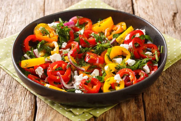 Salada Verão Caseira Pimentão Com Cebola Ervas Queijo Feta Close — Fotografia de Stock