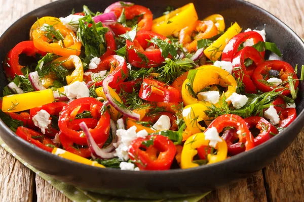 Healthy Diet Bell Pepper Salad Onions Herbs Feta Cheese Close — Stock Photo, Image