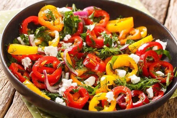 Vitamin Mediterranean Bell Pepper Salad Onions Herbs Feta Cheese Close — Stock Photo, Image