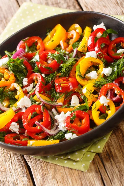 Fresh Salad Colored Bell Peppers Onions Feta Cheese Close Plate — Stock Photo, Image