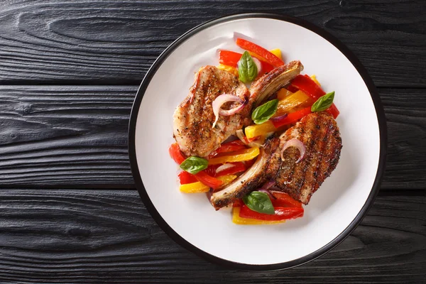 Delicious Grilled Pork Chop Bell Peppers Onions Basil Close Plate — Stock Photo, Image