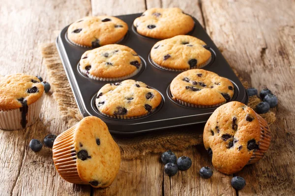 Zarte Saftige Heidelbeermuffins Nahaufnahme Einer Auflaufform Auf Dem Tisch Horizonte — Stockfoto