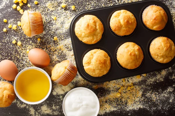 Homemade Vegetarian Corn Muffins Baking Dish Ingredients Close Table Horizontal — Stock Photo, Image