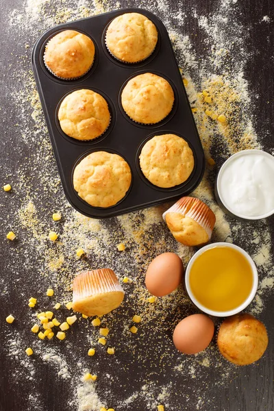 Delicious Snack Corn Muffins Baking Dish Ingredients Close Table Vertical — Stock Photo, Image