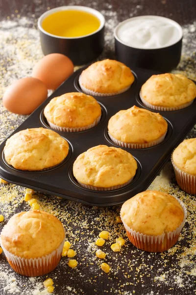 Delicious Snack Corn Muffins Baking Dish Ingredients Close Table Vertica — Stock Photo, Image