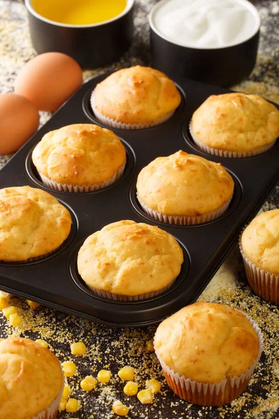 Freshly Baked Corn Muffins Baking Dish Ingredients Close Table Vertica — Stock Photo, Image