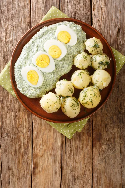 Traditionelle Frankfurter Grüne Sosse Mit Salzkartoffeln Und Eiern Großaufnahme Auf — Stockfoto