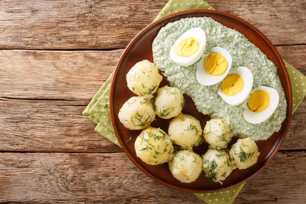 Prato Tradicional Batatas Frankfurt Ovos Cozidos Famoso Molho Verde Close — Fotografia de Stock