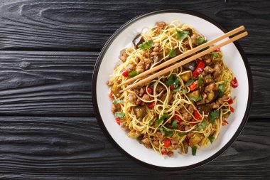 Çin usulü kızarmış patlıcan, kıyma, yumurtalı erişte, sarımsak ve otlar masanın üstünde. Yukarıdan yatay üst görünüm