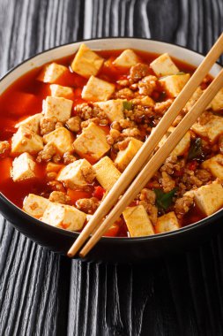 Otantik Çin usulü mapo tofu, Szechuan mutfağının masanın üzerindeki tabakta yakın plan yapılan markalaşma yemeklerinden biridir. dikey