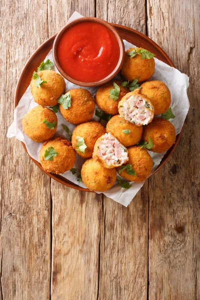 Delicious Appetizer Sauerkraut Balls Ham Close Plate Table Vertical Top — Stock Photo, Image