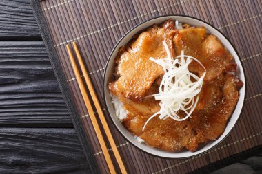 Lezzetli Japon usulü kızarmış domuz eti, tatlı soslu, pirincin üstünde masanın üstünde yakın plan servis ediliyor. Yukarıdan yatay üst görünüm