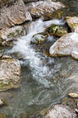 Donmuş alp nehir yavaş karla kaplı. Alp Kayak Merkezi Avusturya'da