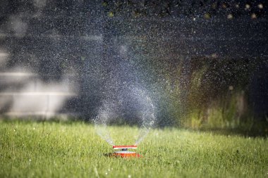 Modern sulama Bahçe aygıt. Bahçe yeşil çim sulama tekniği. Gökkuşağı görünümü