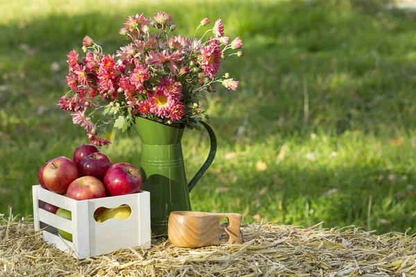 Stratégie Marché Pommes Rouges Fraîches Avec Chrysanthèmes Automne Journée Ensoleillée — Photo