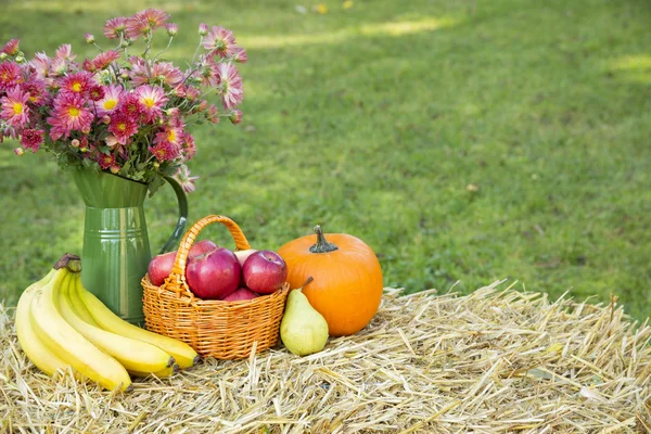 Healthy lifestyle concept: Fresh fruits and vitamins supplements on pile of straw, hammock garden at background