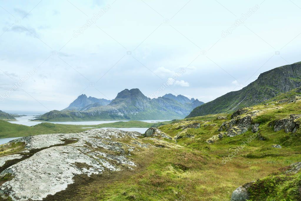 Panoramic summer view of Lofoten Islands on the way to Ryten mountain. Lofoten islands, Norway