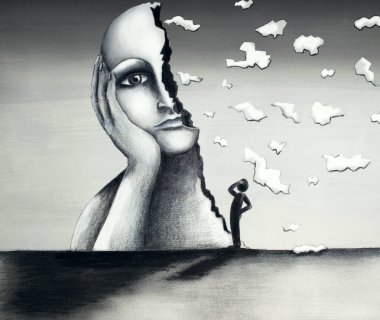 Güzel el yapımı illüstrasyon yarım yüz dev bir kadınla bir yüz gerçeküstü bir görüntüsünü temsil eden bir karma ortam tecnique karton üzerine ve bizim 