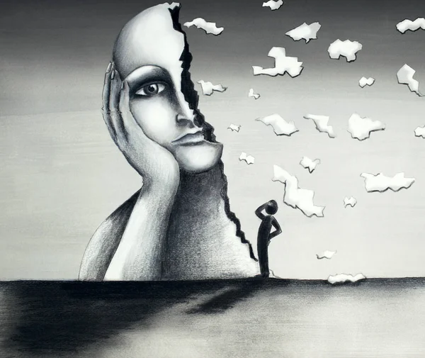 Güzel el yapımı illüstrasyon yarım yüz dev bir kadınla bir yüz gerçeküstü bir görüntüsünü temsil eden bir karma ortam tecnique karton üzerine ve bizim 