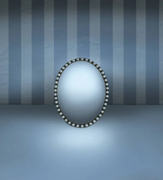 Small mirror with vintage frame decorated in pearls resting on a floor and with striped wall background