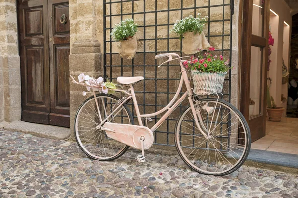 Старый окрашенный велосипед с цветами в корзинах — стоковое фото