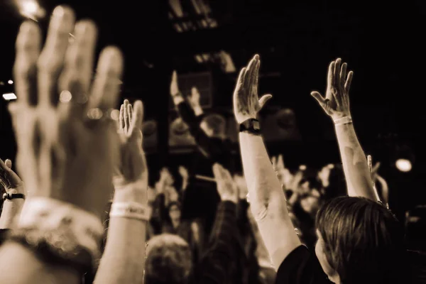 Concert with people hands up vintage style — Stock Photo, Image