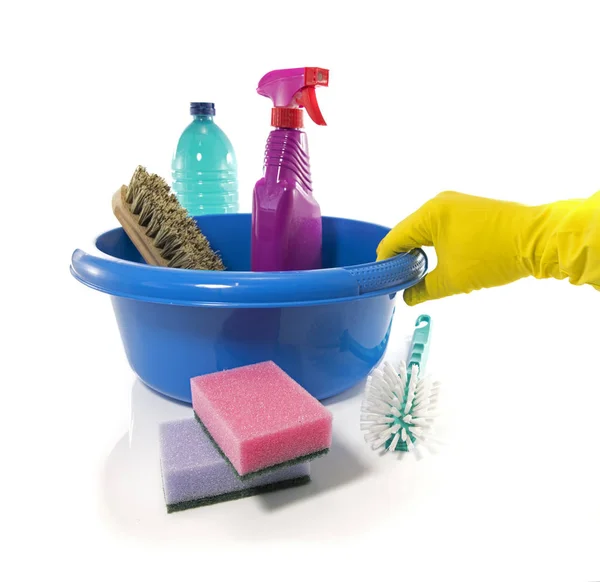 Washing up dish with cleaning tools — Stock Photo, Image