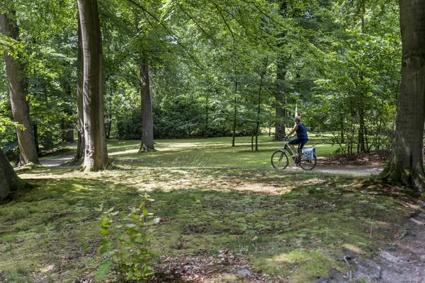 Mujer en bicicleta en verde jardín inglés con árboles y hierba — Foto de Stock