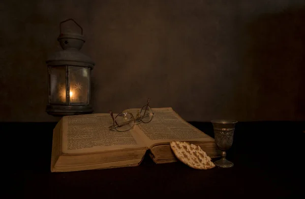 Still life with bble and wine and bread as the last supper — Stock Photo, Image