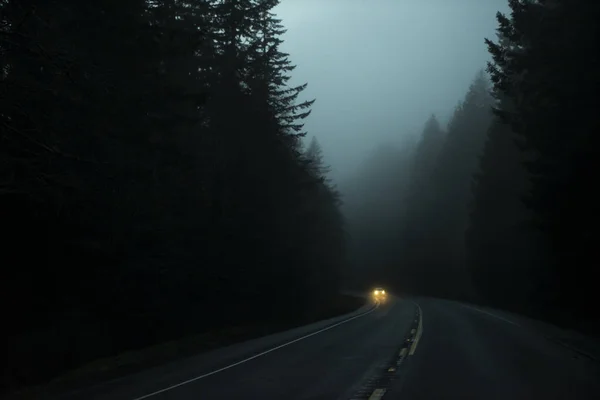 Foggy Highway Dusk Headlights Approaching Car Oregon United States America — Stock Photo, Image