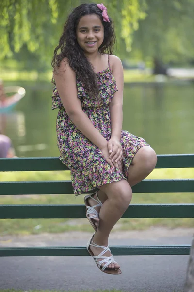 Portrait Hispanic Teen Girl Braces Sitting Park — Stock Photo, Image