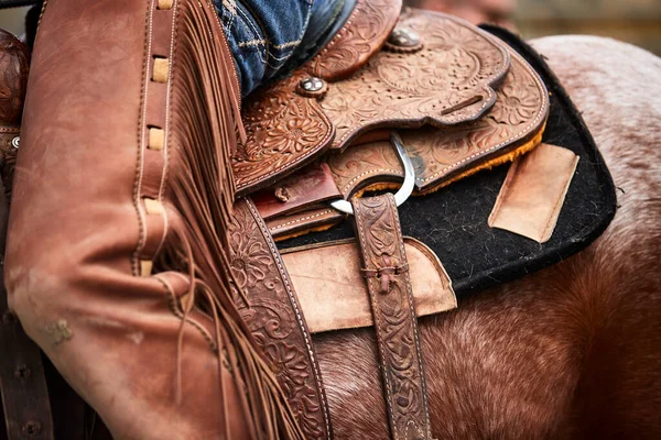 Leatherwork Closer Details Saddle Chaps Left Side Eastend Saskatchewan Canada — Stock Photo, Image