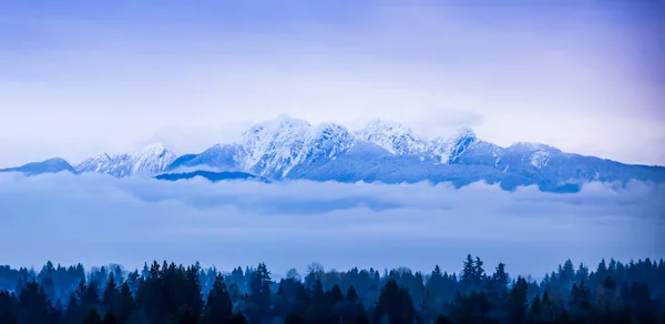 紀元前サリーから見た雪に覆われた山々と森の上の低い雲の眺め サリー ブリティッシュコロンビア州 カナダ — ストック写真