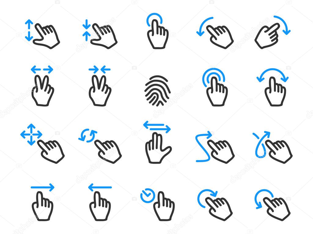 Set of hand gestures icons for using in the touch sensitive screen. Vector collection includes: fingerprint, taps, double taps, swipes, drags and more.